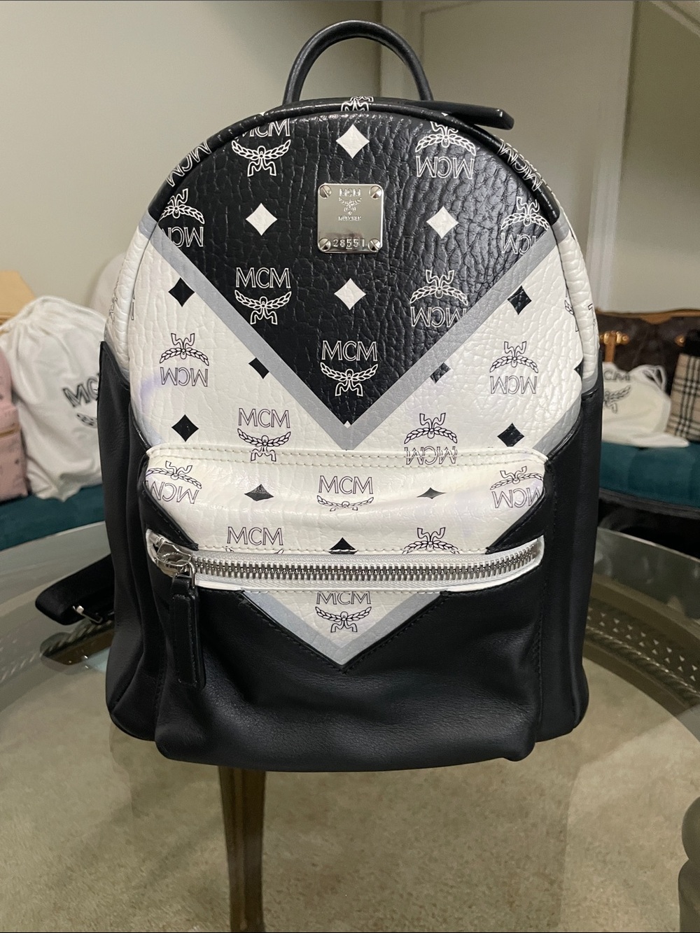 MCM Black and White Visetos Chevron Logo Backpack